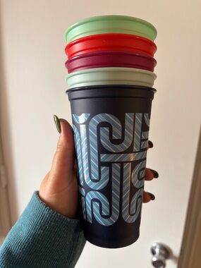 Reusable Navy Blue Patterned Travel Cup with Colorful Lids